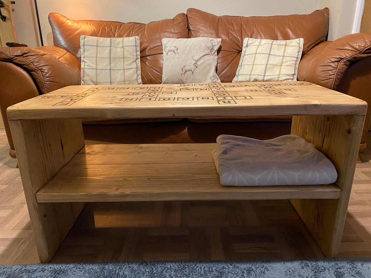 Freehand Routed Coffee Table: Reclaimed Scaffold Boards with Scrabble-Inspired Design