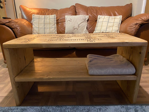 Freehand Routed Coffee Table: Reclaimed Scaffold Boards with Scrabble-Inspired Design