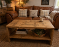 Freehand Routed Coffee Table: Reclaimed Scaffold Boards with Scrabble-Inspired Design