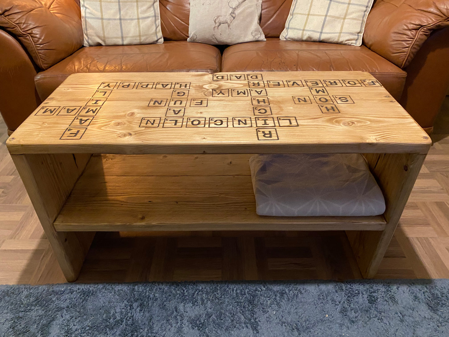 Freehand Routed Coffee Table: Reclaimed Scaffold Boards with Scrabble-Inspired Design