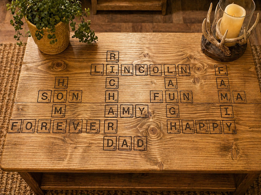 Freehand Routed Coffee Table: Reclaimed Scaffold Boards with Scrabble-Inspired Design