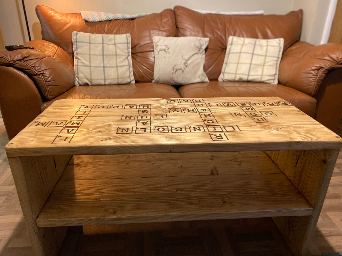 Freehand Routed Coffee Table: Reclaimed Scaffold Boards with Scrabble-Inspired Design