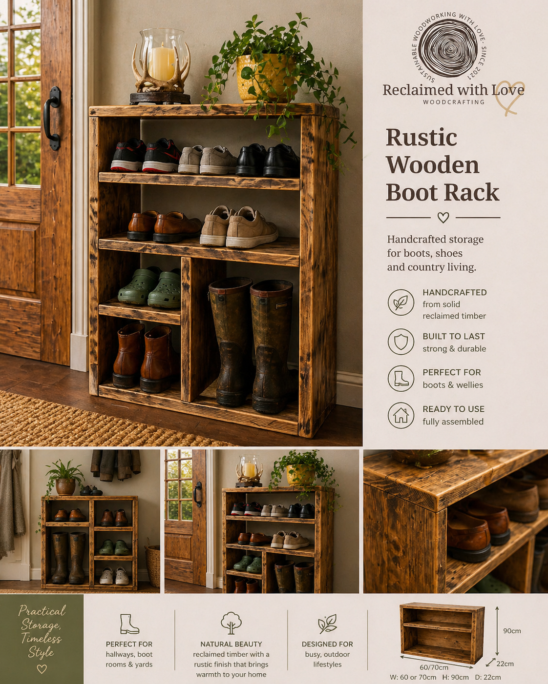 Rustic Wooden Boot & Shoe Rack